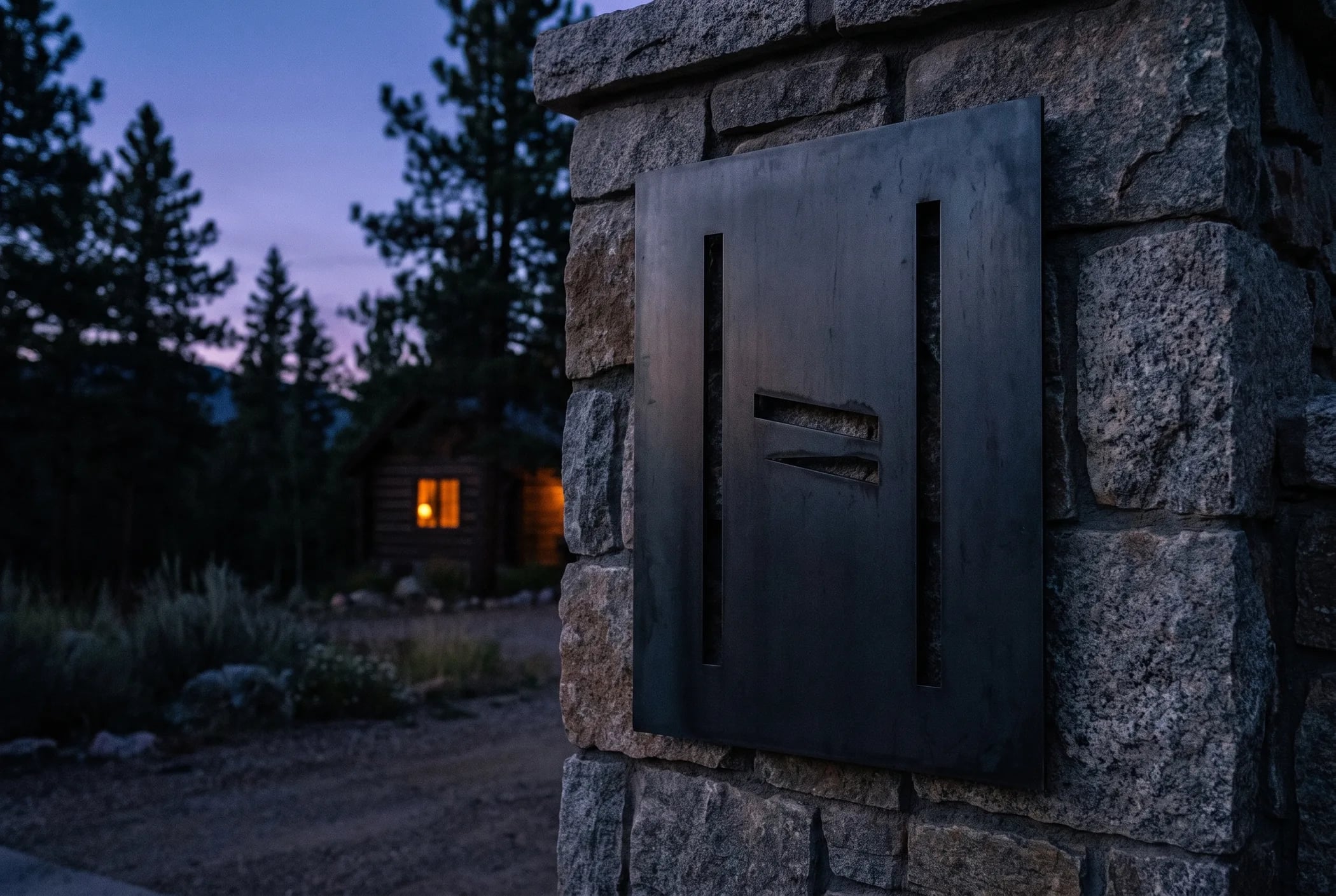 The HAUS:element monogram cut into a blackened-steel plate mounted on a dry-stacked granite gate pillar, blue-hour foothills, a warm-lit cabin window in the pines beyond.