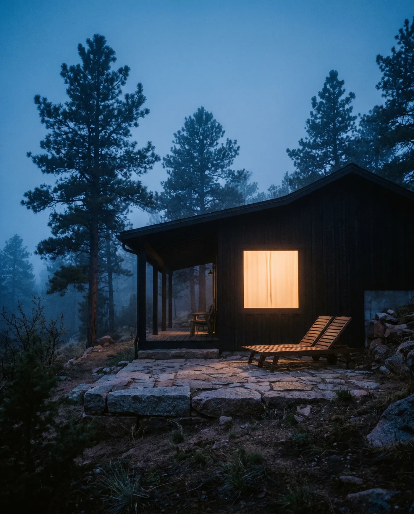 A private retreat cabin among tall black pines at dusk — low charred-timber architecture, a deep porch, one window glowing warm.