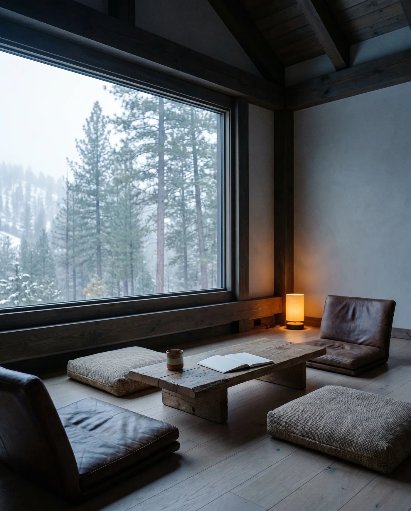 A facilitation space set for deep work at cold morning light — low chairs and floor cushions in a dark-timber room, a quiet window to misted pines.