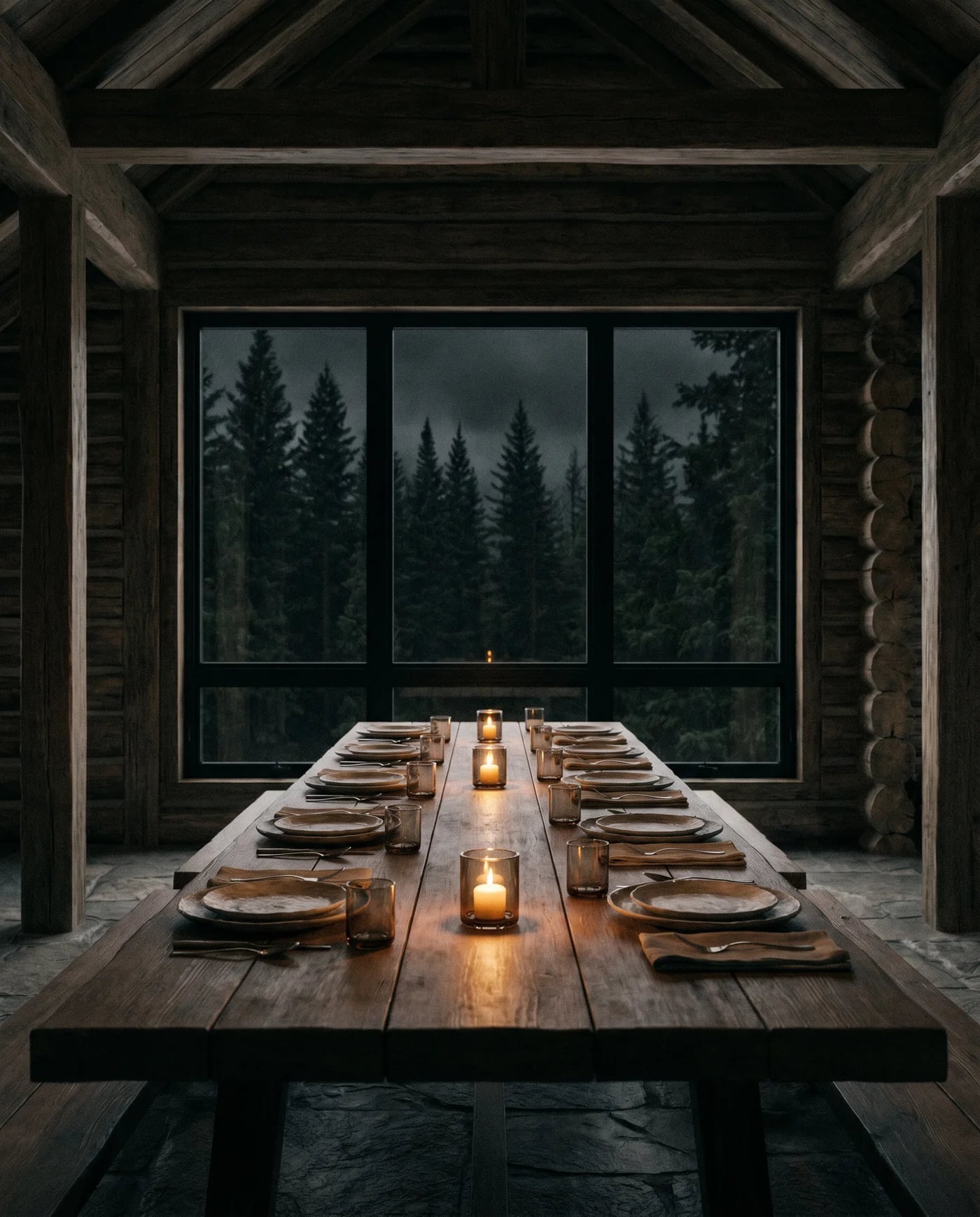 A long communal table in a dark-timber hall at night, set with linen and ceramics under low candlelight, a window to black pines beyond.