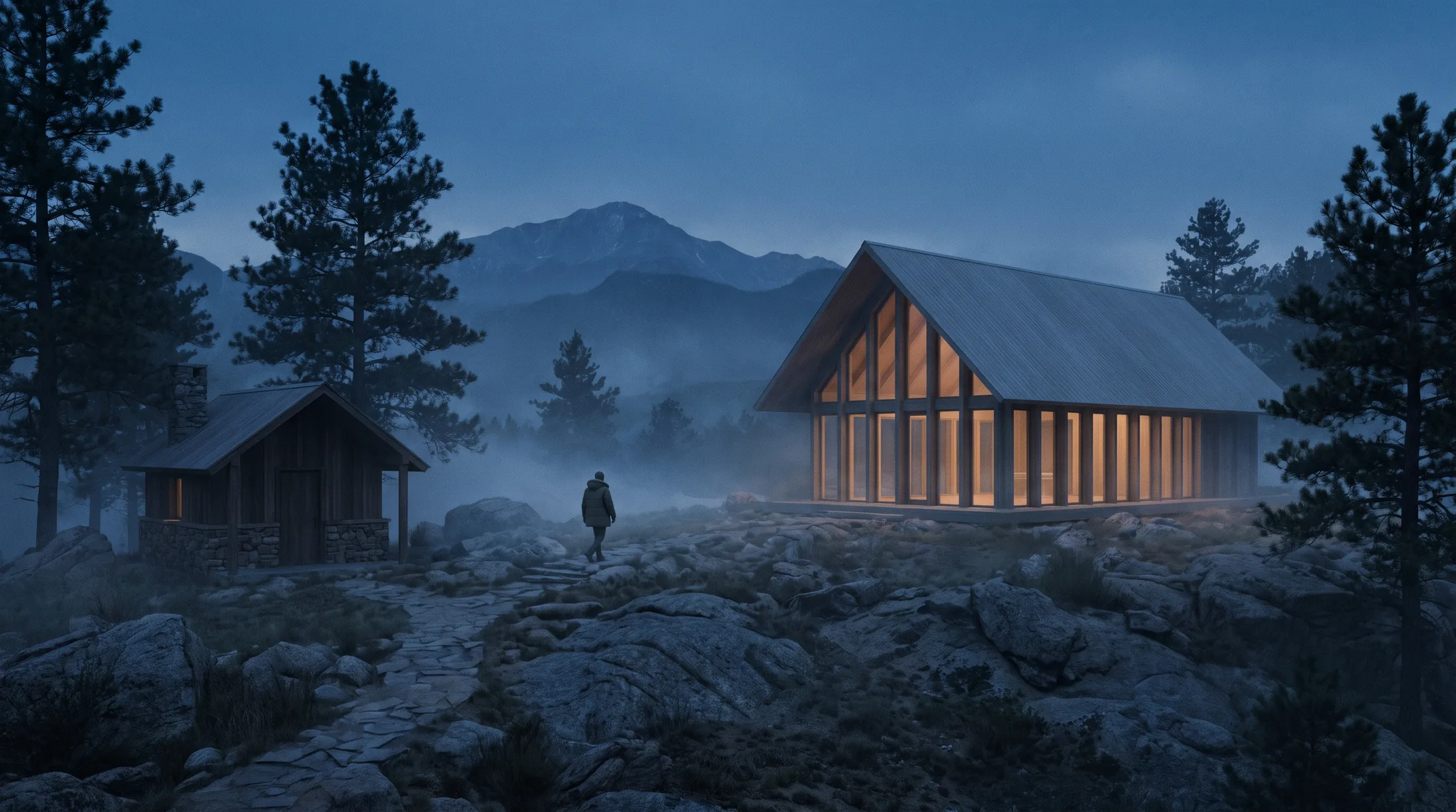 Blue hour in the foothills — a lone figure walks a stone path from a dark cabin toward a gathering hall whose windows glow warm amber.