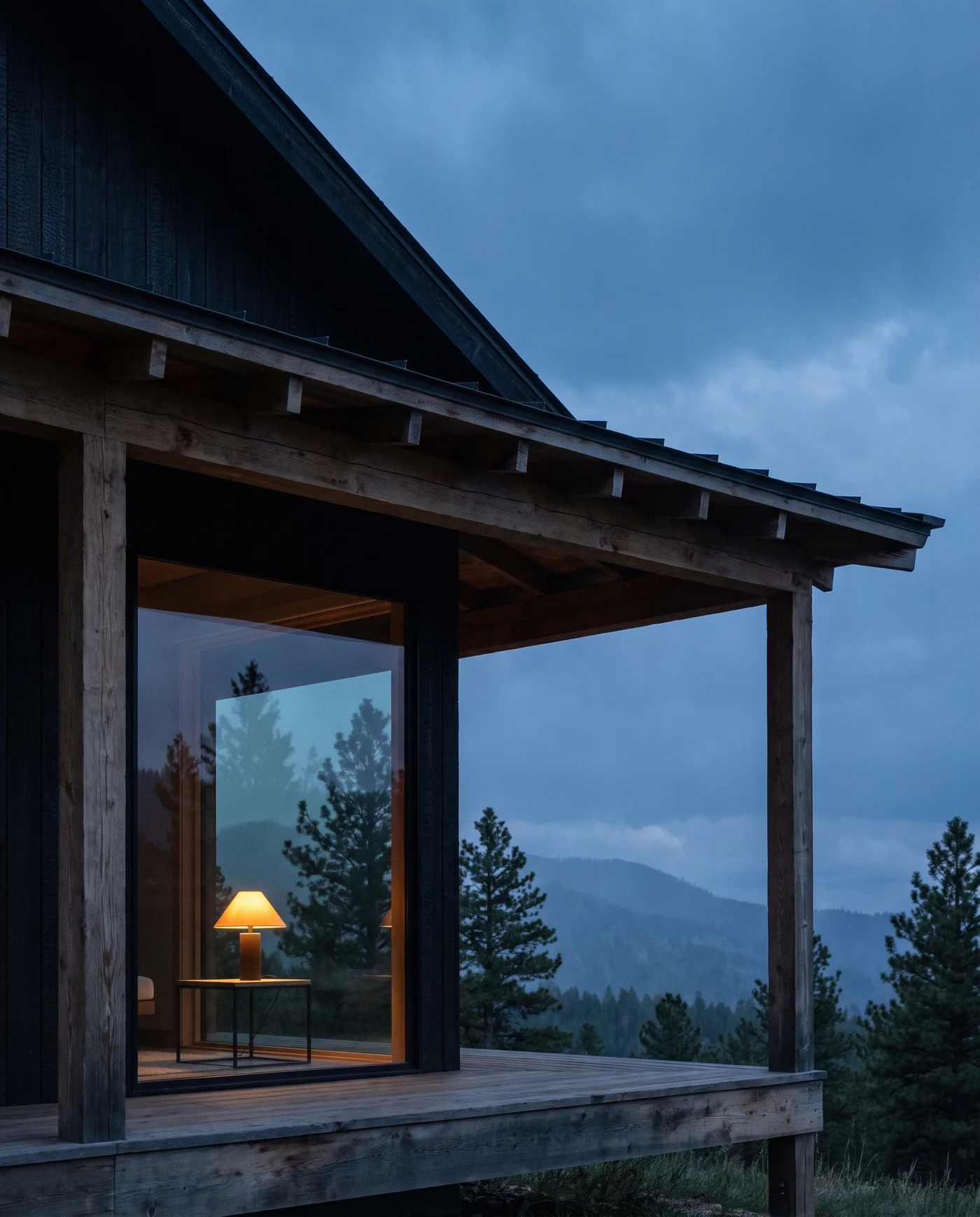 Architectural detail of a Japandi mountain retreat at blue hour — a deep timber porch, a crisp low roofline, a quiet window framing pines and weather.