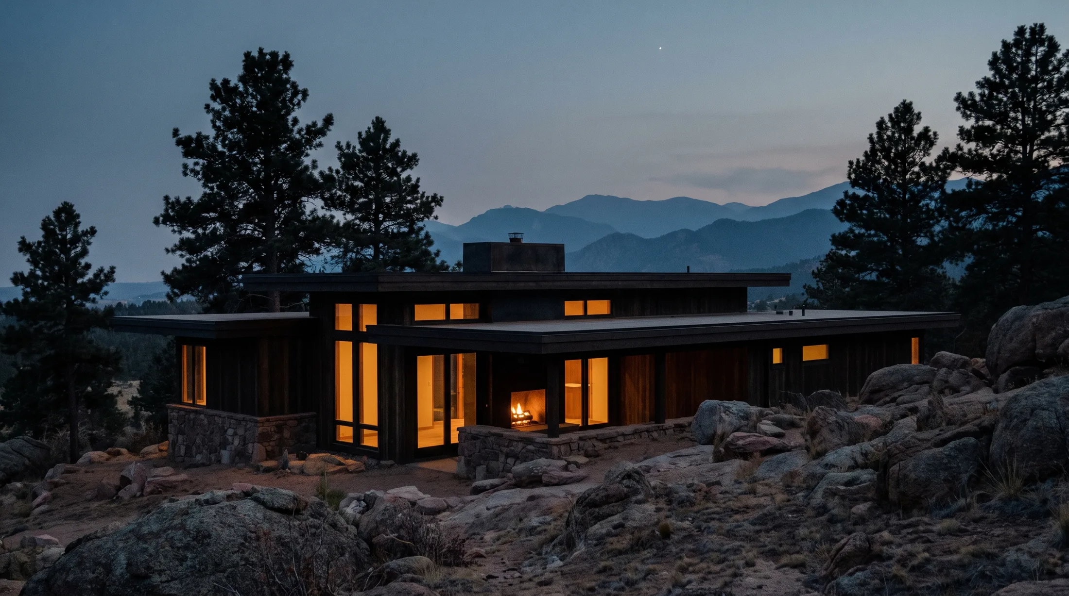 A low dark-timber retreat building sited into granite Colorado foothills at last light, warm windows against layered ridgelines receding into blue haze.