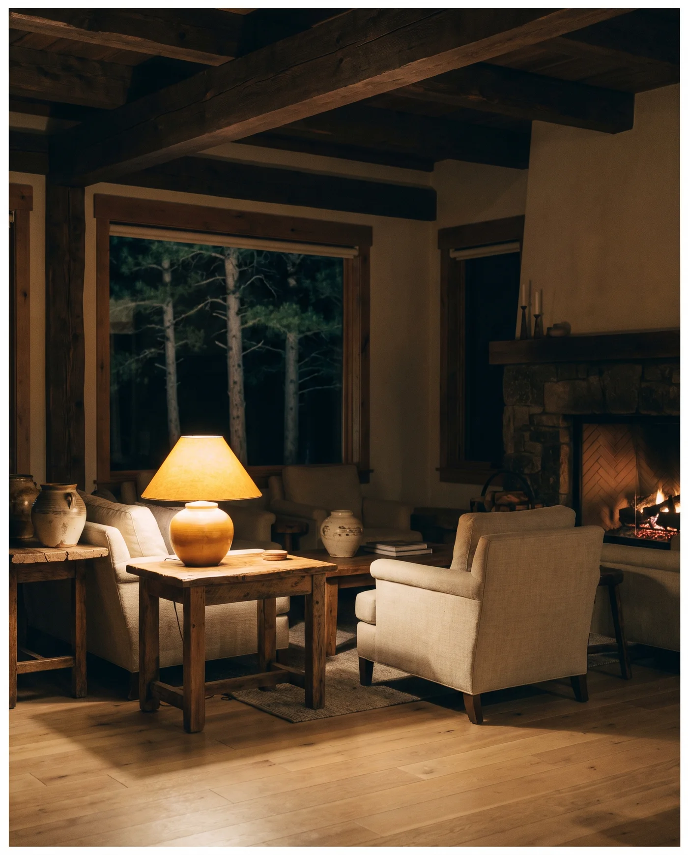 A warm mountain-retreat gathering room at night — dark timber and pale oak, an amber lamp and firelight, linen and ceramics, a window to black pines.