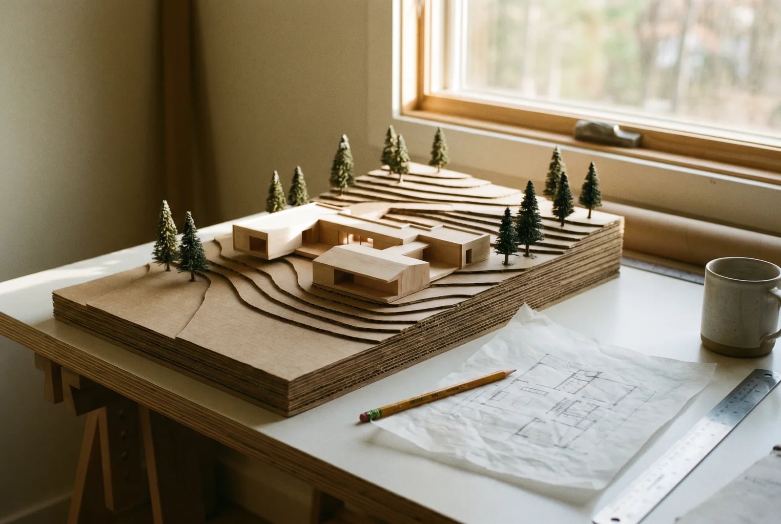 An architectural scale model and contour site plan of a small retreat property on a worktable — basswood massing among model pines, a project in development.